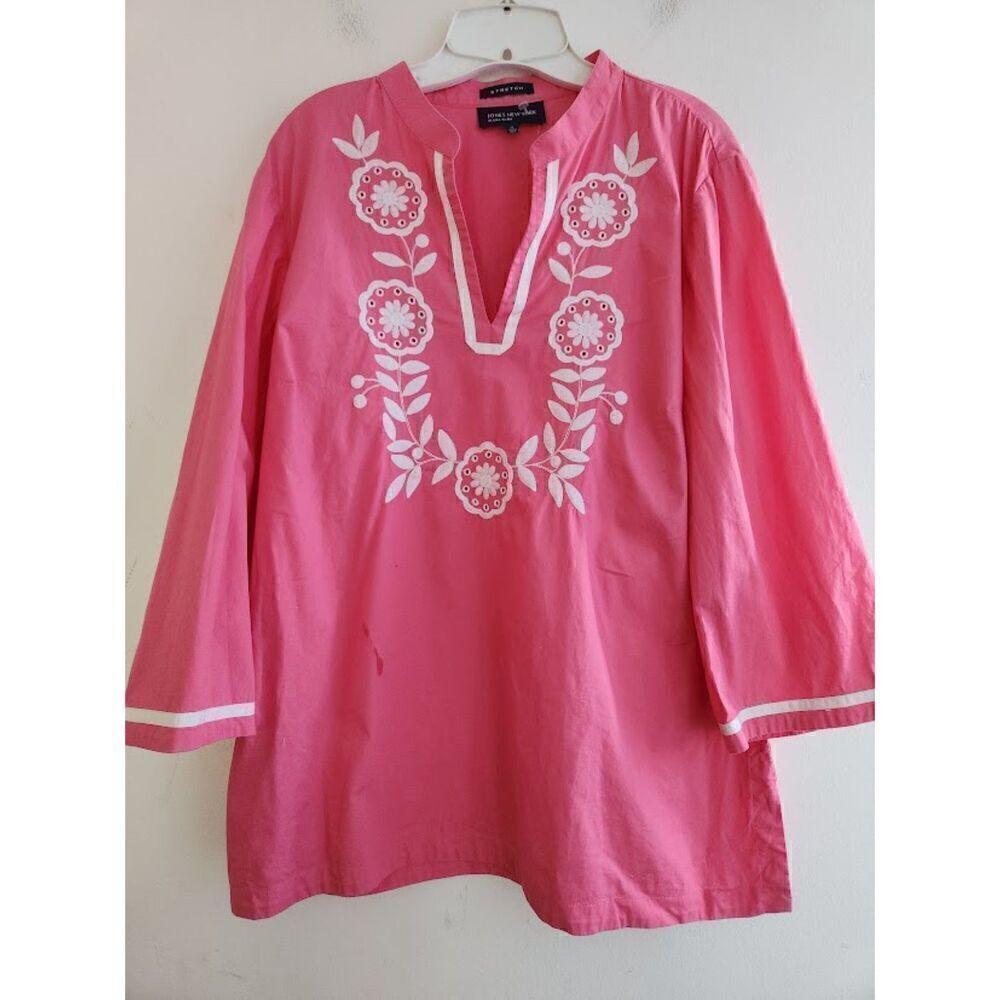 Jones New York Signature Pink Whtite Floral Emroidery V-Neck Tunic Blouse sz XL